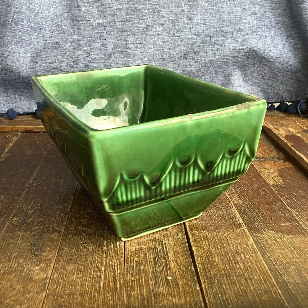 Two Vintage Green Indigo Blue Pottery Planters
